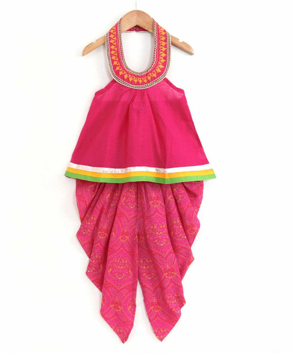 Girls Embroidered Halter Neck And Dhoti Set -Pink