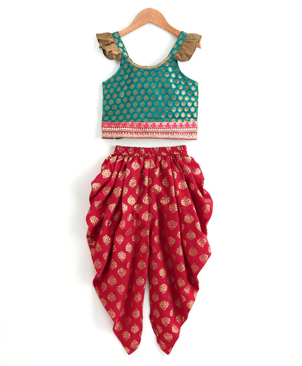 Girls Brocade Top With Designer Dhoti - Green & Red