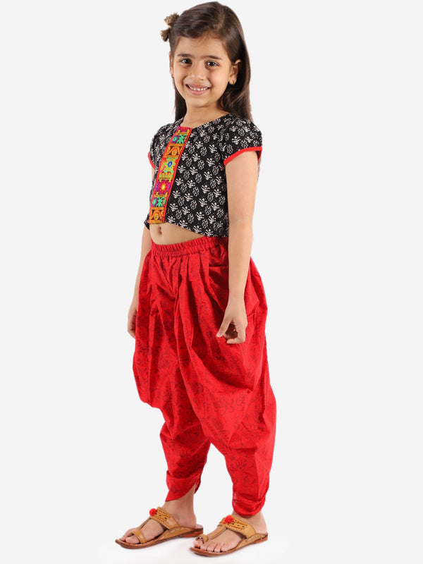 Twisha Girls Short Sleeves Printed Top With Dhoti Set-Black & Red
