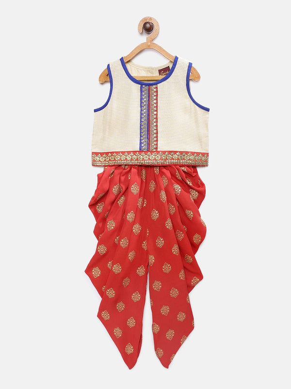 Twisha Girls Embellished Top With Printed Dhoti Pants - Off White & Red