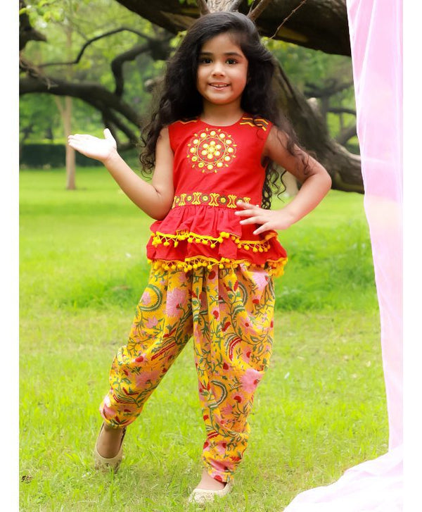 Twisha Girls Peplum Top and Dhoti - Red & Yellow
