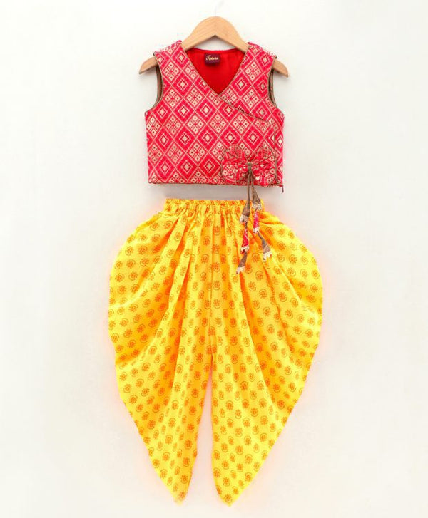 Twisha Girls Smart Bow And Tassles Details  Top With Printed Dhoti- Red & Yellow