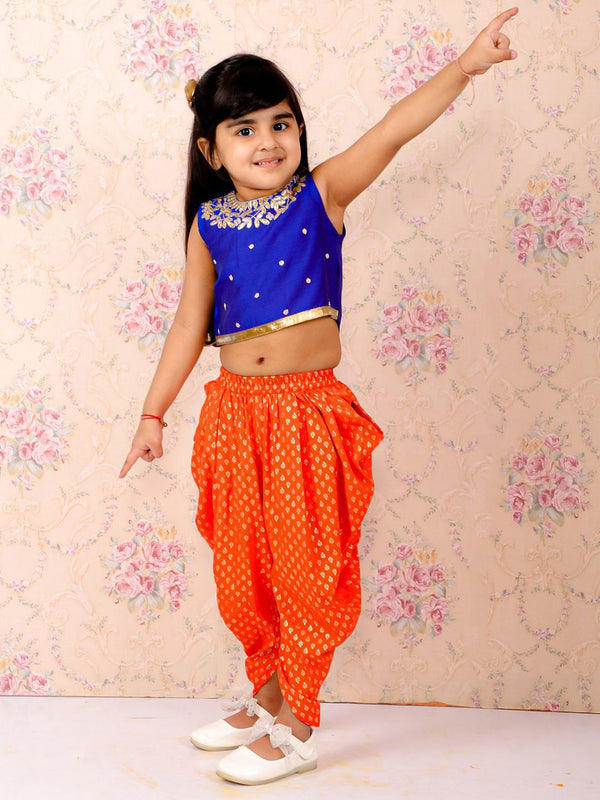 Twisha Girls Embroidered Top And Printed Dhoti- Blue & Orange