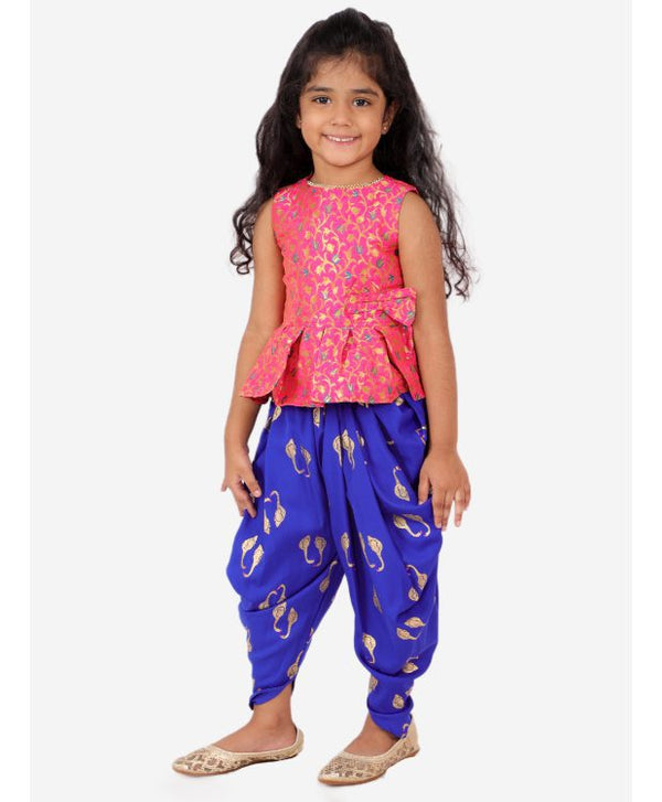 Twisha Girls Brocade with Bow Detail Top And Flamingo printed Dhoti Set-Pink And Blue