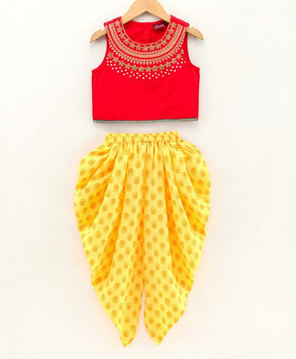 Twisha Girls Embroidered top with  printed Dhoti-Red And Yellow