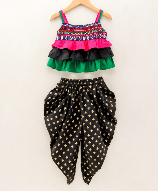 Twisha Girls Embroidered top with  Club printed Dhoti-Black And Pink