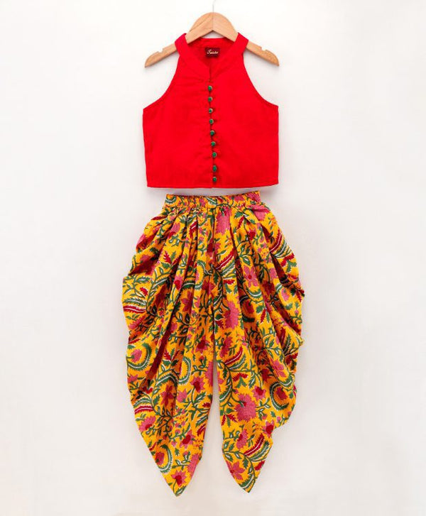 Twisha Girls chevron design top with printed dhoti-Red And Yellow