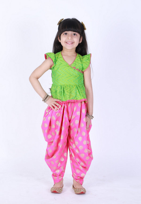Twisha Girls Chevron Design Top With Printed Dhoti- Green And Pink