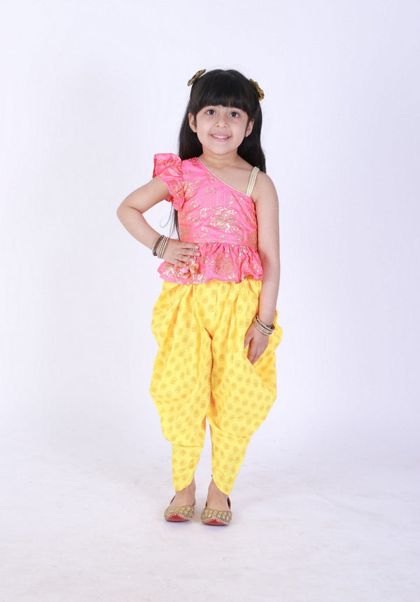 Twisha Girls Asymmetric Neck Top With Printed Dhoti- Coral And Yellow