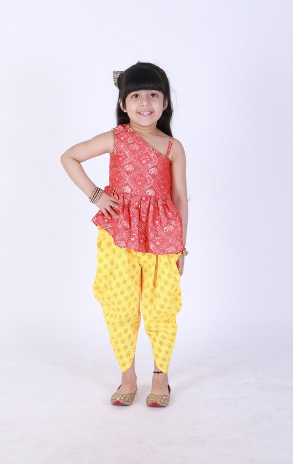 Twisha  Girls Asymmetric Elephant Design Top With Printed Dhoti- Red & Yellow