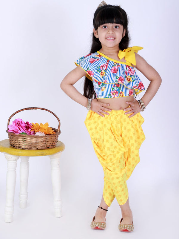 Twisha Girls Printed One Shoulder Top With Printed Dhoti - White & Yellow