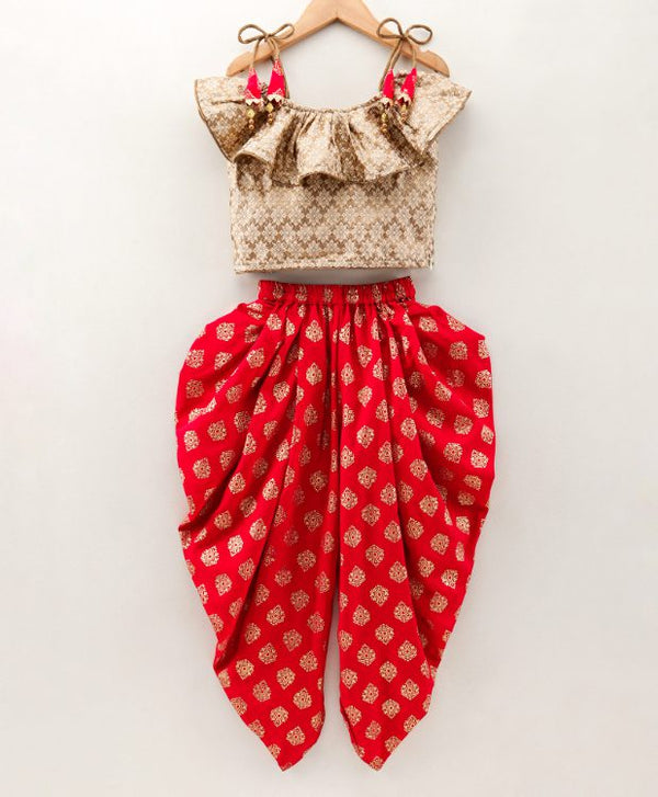 Twisha Girls Frill Top With Dhoti and Tie Up tassles- Beige & Red