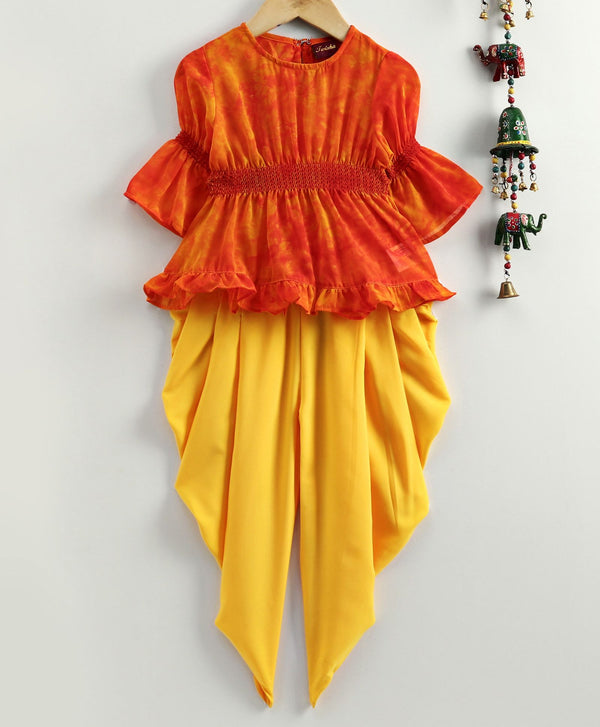 Twisha Girls Tie & Dye Georgette Top With Dhoti Pants - Orange & Yellow