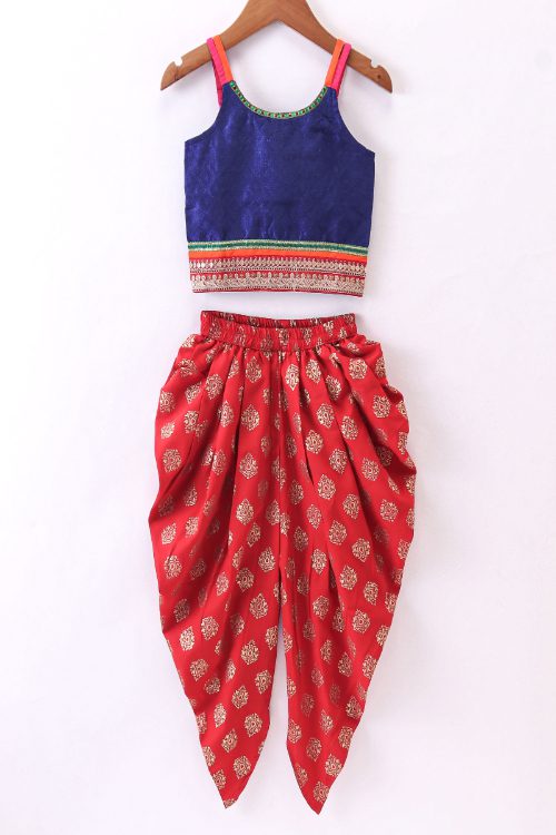 Twisha Girls Top & Printed Dhoti Pants - Red & Blue