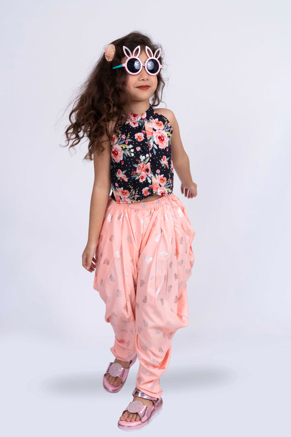 Twisha Girls Incut sleeve Printed Top With Dhoti Set - Black & Peach