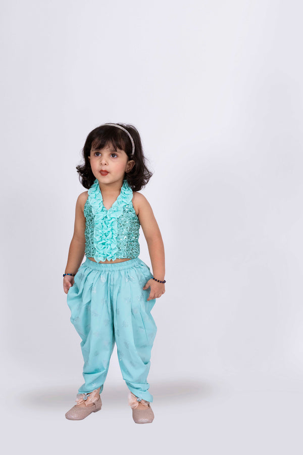 Twisha Girls Halter Neck Sequins Top & Dhoti Pant - Sea Green