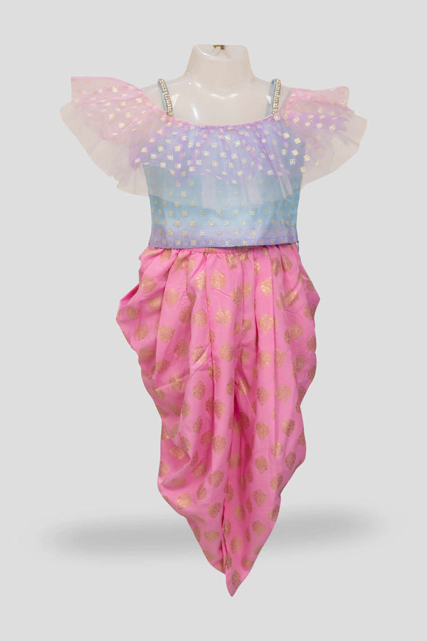 Twisha Girls Round Neck Frilled Sleeveless Top with Dhoti-Powder Blue & Baby Pink