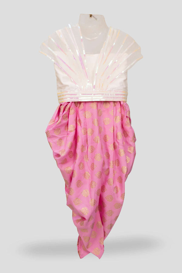 Twisha Girls Strappy Draped Top with Dhoti-White and Baby Pink
