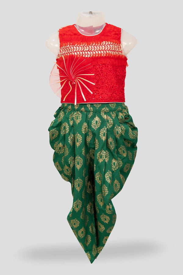 Twisha Girls Round Neck Sleeveless Top with Dhoti-Red and Green