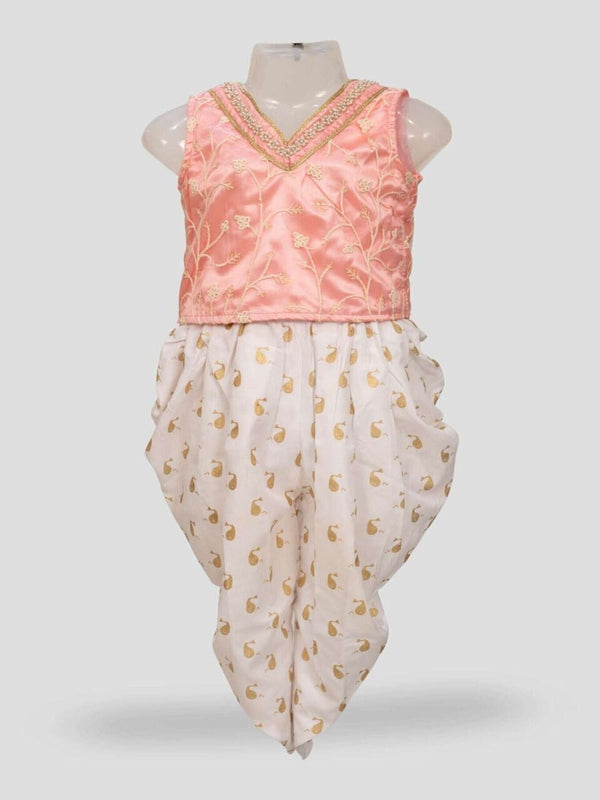 Twisha Girls sleeveless embroidered Top wit Dhoti - Peach & White
