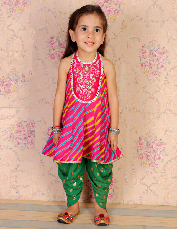 Twisha Girls Cotton leheria Print Embroidered top With Designer dhoti - Pink & Green