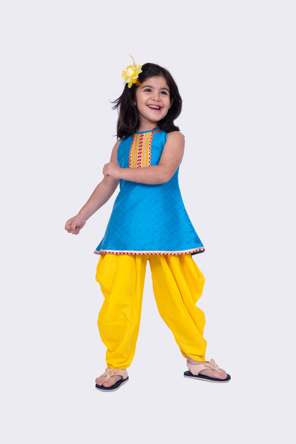 Twisha Girls Sleeveless Aline Polyester Kurta and Dhoti- Sky Blue & Yellow