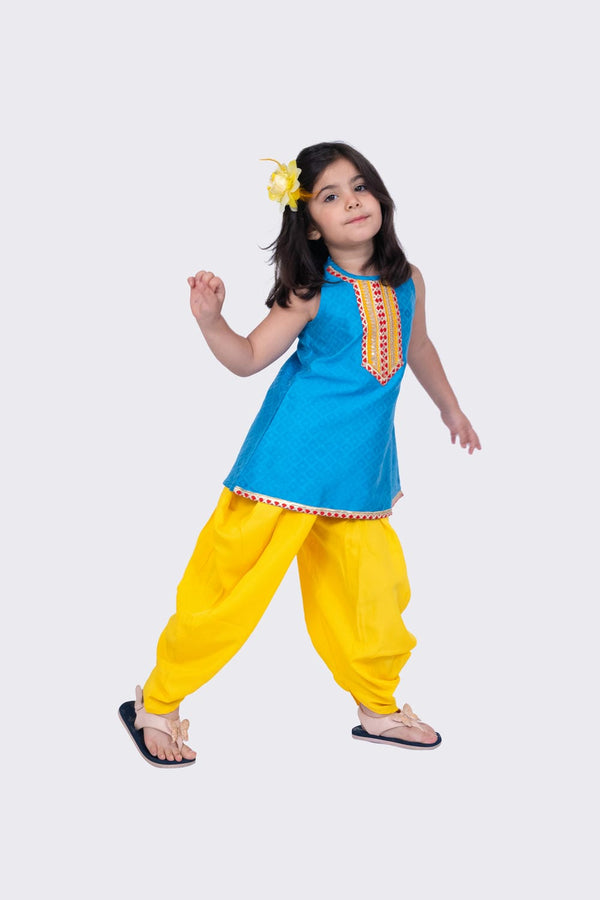 Twisha Girl's Sleeveless Aline Polyester Kurta and Dhoti- Sky Blue & Yellow