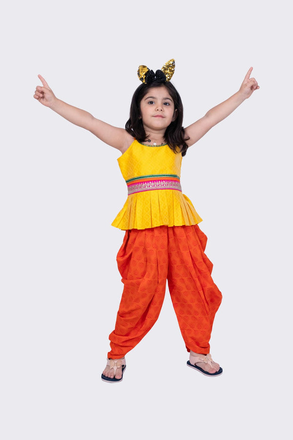 Twisha Girl's Sleeveless Strappy Pleated Polyester Peplum Top & Dhoti - Yellow & Orange
