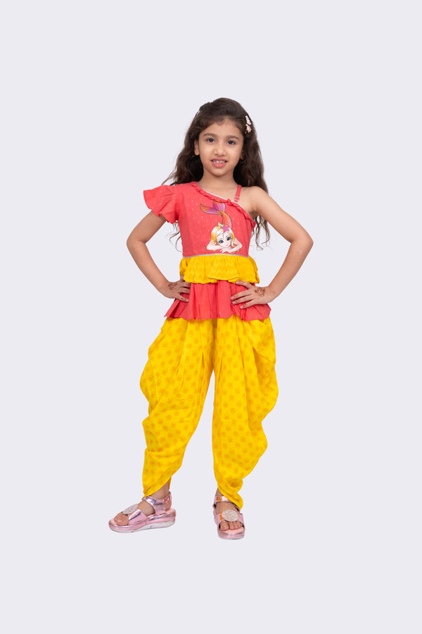 Twisha Girls Sleeveless Cotton Printed One Shoulder Top With Dhoti-Coral & Yellow