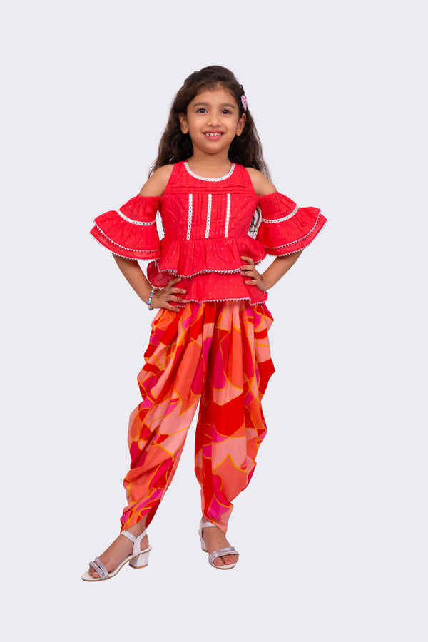 Twisha Girls  Cotton Jacquard Woven 3/4 Sleeves Embellished Top With Printed Dhoti-Coral