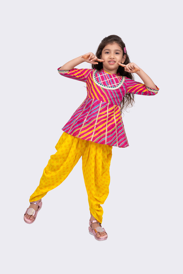 Twisha Girls  Cotton Woven  3/4 Sleeves All Over Leheriya Print  Top With Printed Dhoti-Pink & Purple