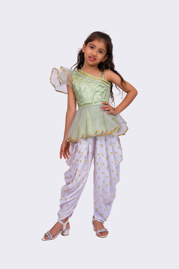 Twisha Girls Sleeveless  Polyester One Shoulder Embellished Top With Dhoti - Olive Green & White