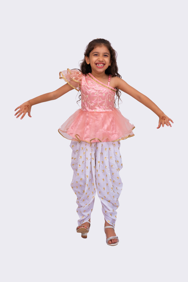 Twisha Girls Sleeveless  Polyester One Shoulder Embellished Top With Dhoti - Peach & White