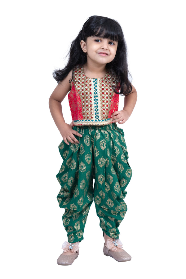 Twisha Girls Brocade Sleeveless Embellished Top with Dhoti - Red & Green