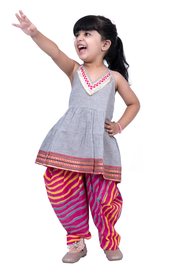 Twisha Girls Cotton Sleeveless Stripe Design Top With Dhoti - Grey & Pink
