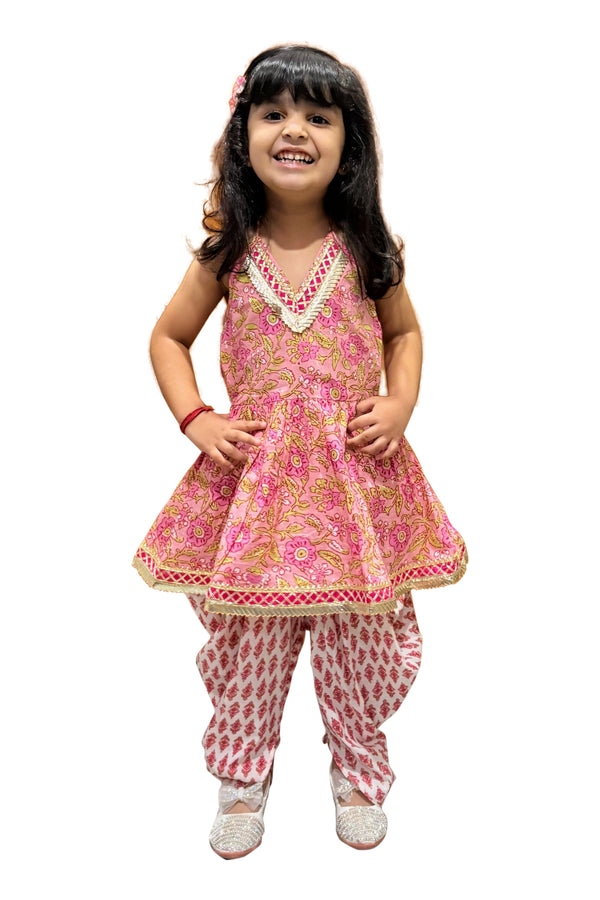 Twisha Girls Cotton Sleeveless All over Printed Top with Dhoti - Peach & White