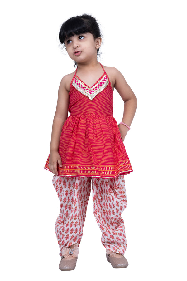 Twisha Girls Cotton Sleeveless Stripe Design Top with Dhoti - Pink & White