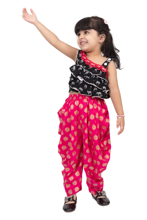 Twisha Girls Rayon Sleeveless Zebra Printed Top with Dhoti - Black & Coral