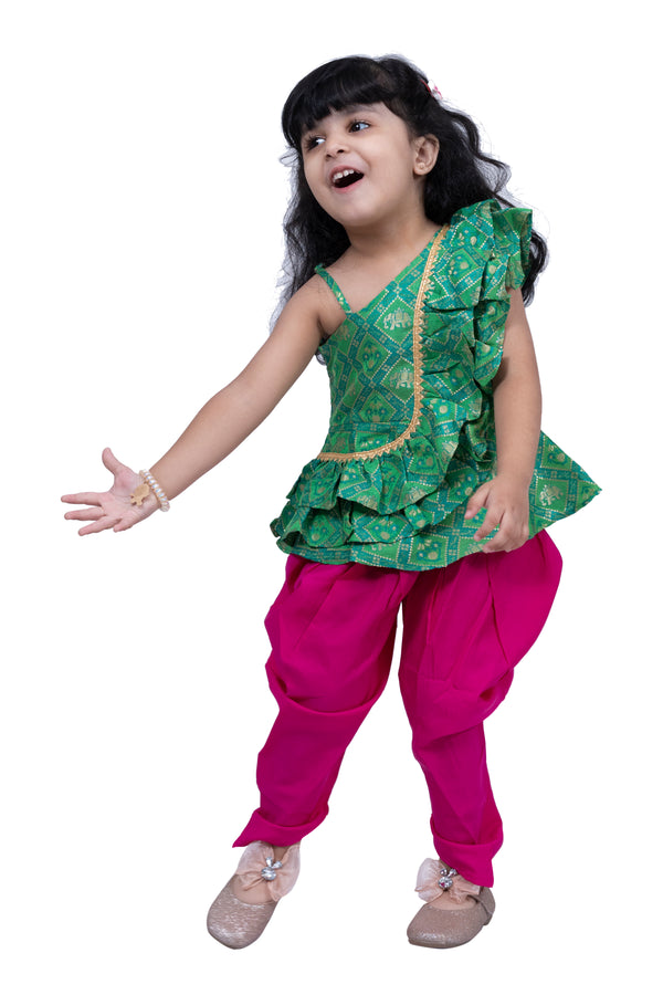 Twisha Girls Sleeveless Embellished Top with Dhoti -Green & Pink