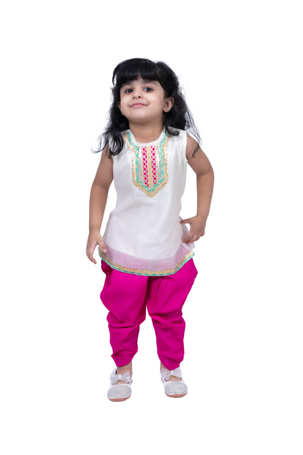 Twisha Girls Sleeveless Embellished Top with Dhoti -White & Pink