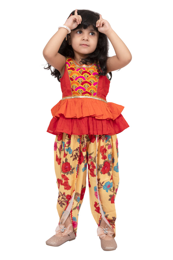 Twisha Girls Cotton Sleeveless Embroidered Top with Dhoti -Orange & Yellow