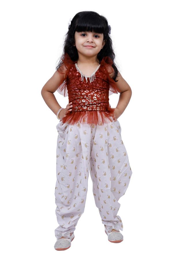 Twisha Girls Sleeveless All over Printed Top with Dhoti -Brown & White
