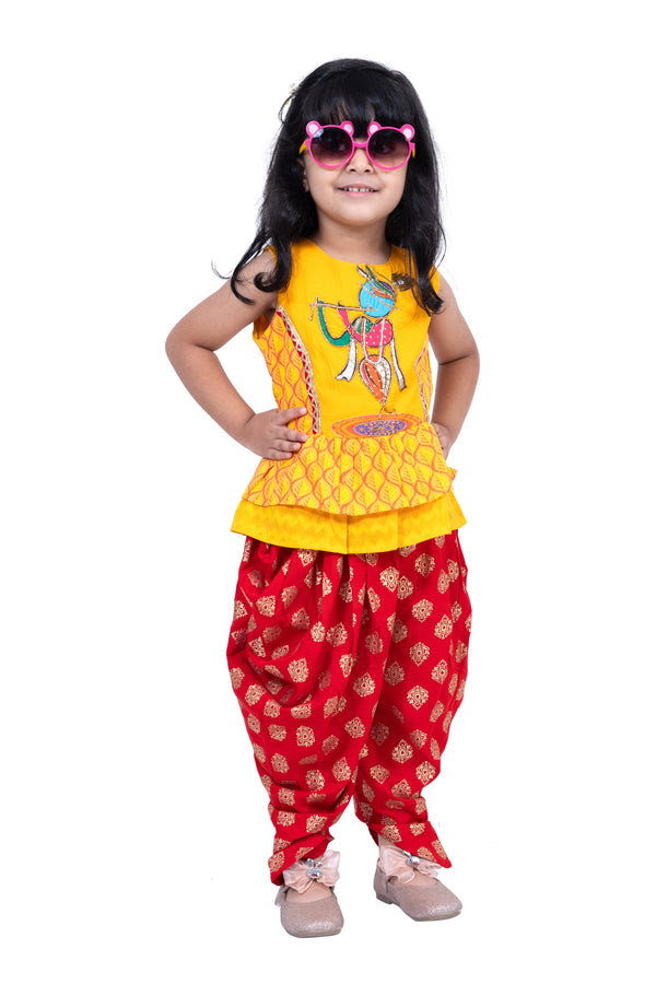 Twisha Girls Cotton Sleeveless Krishna Printed Top & Dhoti -Yellow & Red