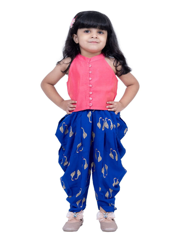 Twisha Girls Sleevless Incut Potali Button Top With Dhoti - Coral & Blue
