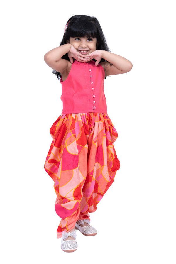 Twisha Girls Sleevless Incut Potali Button Top With Dhoti - Coral