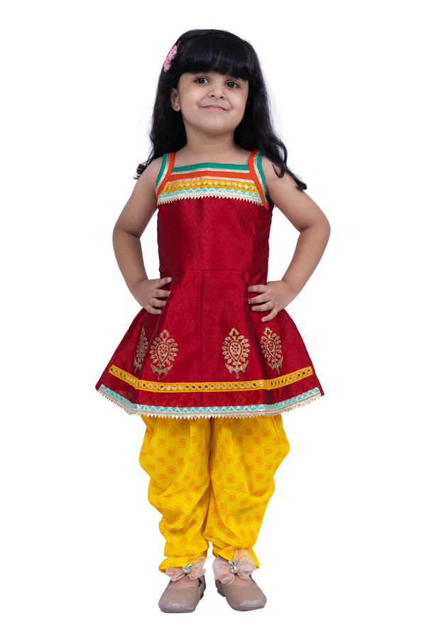 Twisha Girls Jacquard sleeveless Placement Print Top With Dhoti-Red & Yellow