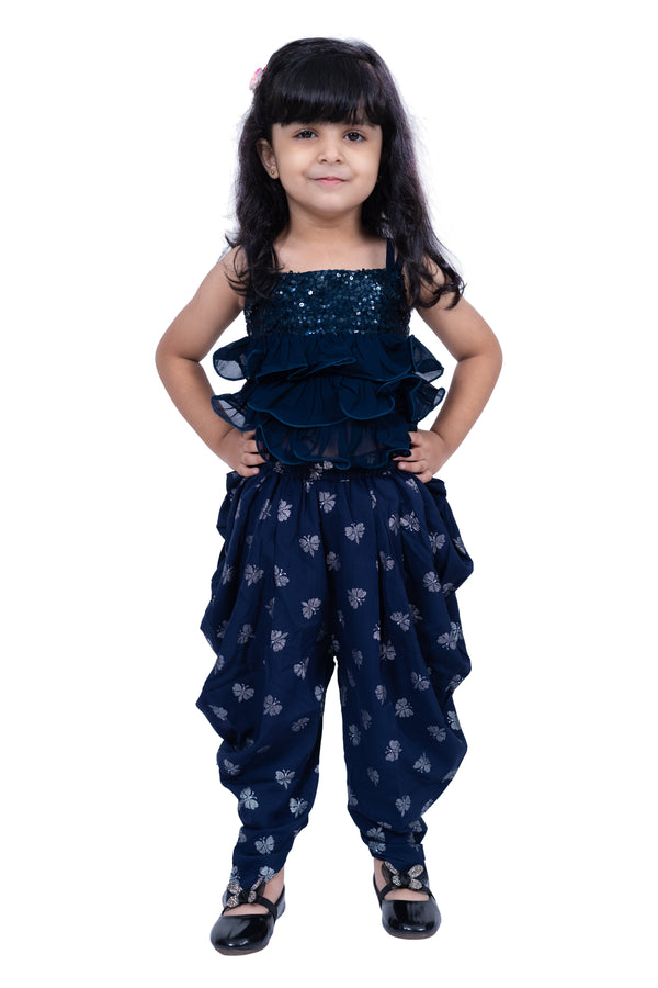Twisha Girls Georgette sleeveless Embelliished Top With Printed Dhoti - Navy Blue