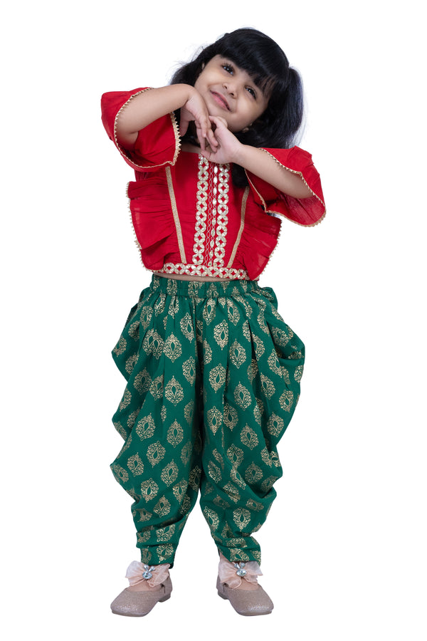 Twisha Girls Three Quarter sleeves Embelliished Top With Printed Dhoti - Red & Green