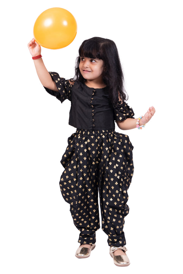 Twisha Girls Half Sleeves All Over Printed Top With Dhoti-Black