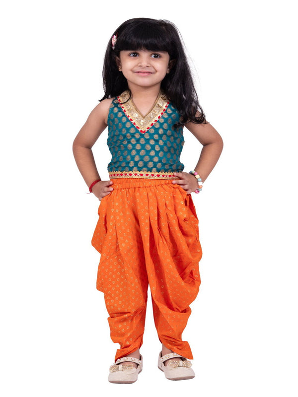 Twisha Girls Brocade sleeveless Embellished Top With Dhoti-Green & Orange